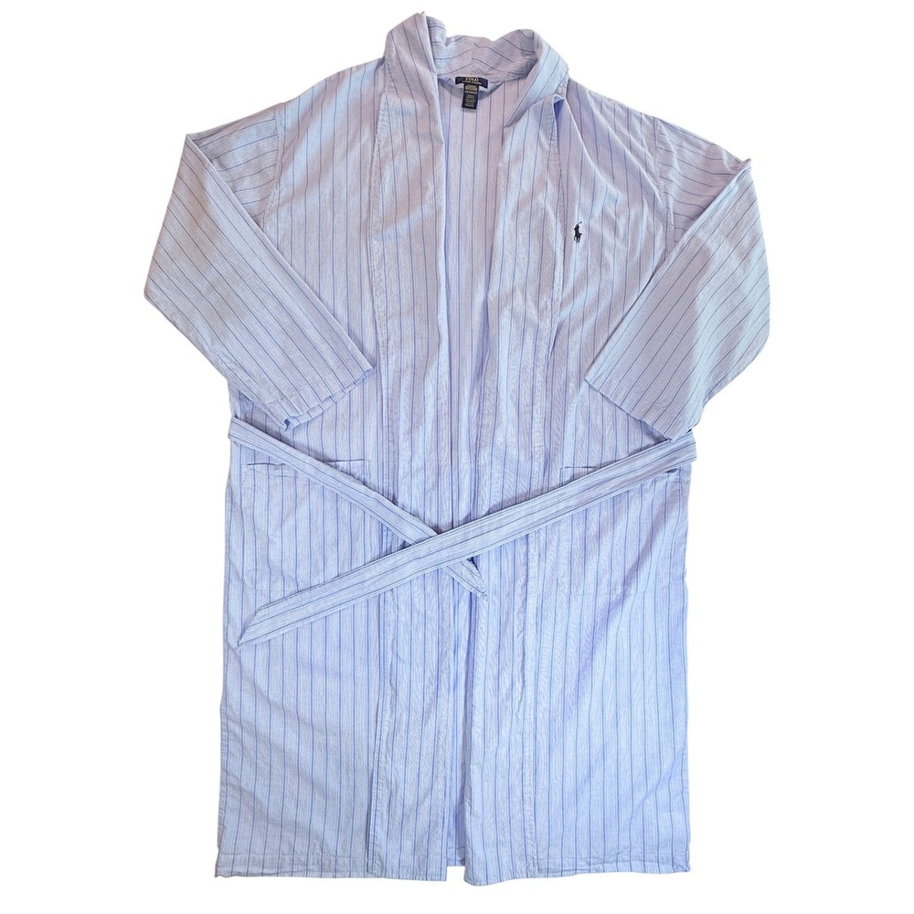 Polo Ralph Lauren Robe Men L/XL Blue Striped Cotton Sleepwear Loungewear - Picture 2 of 13